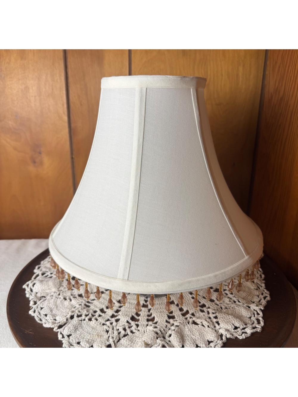Vintage Ivory Bell Lamp Shade Pink Beaded Fringe Cottage Victorian Decor - Picture 3 of 9